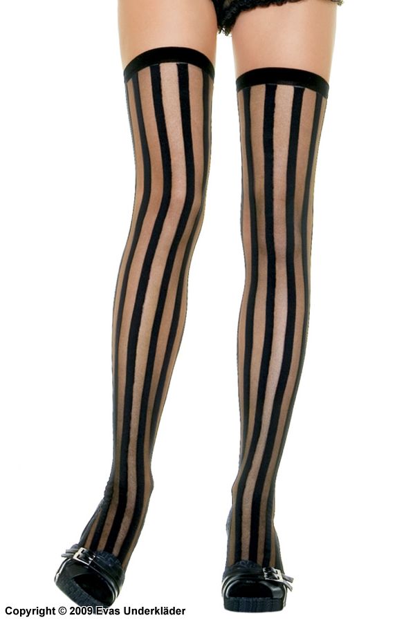 Thigh high stockings with dark vertical stripes